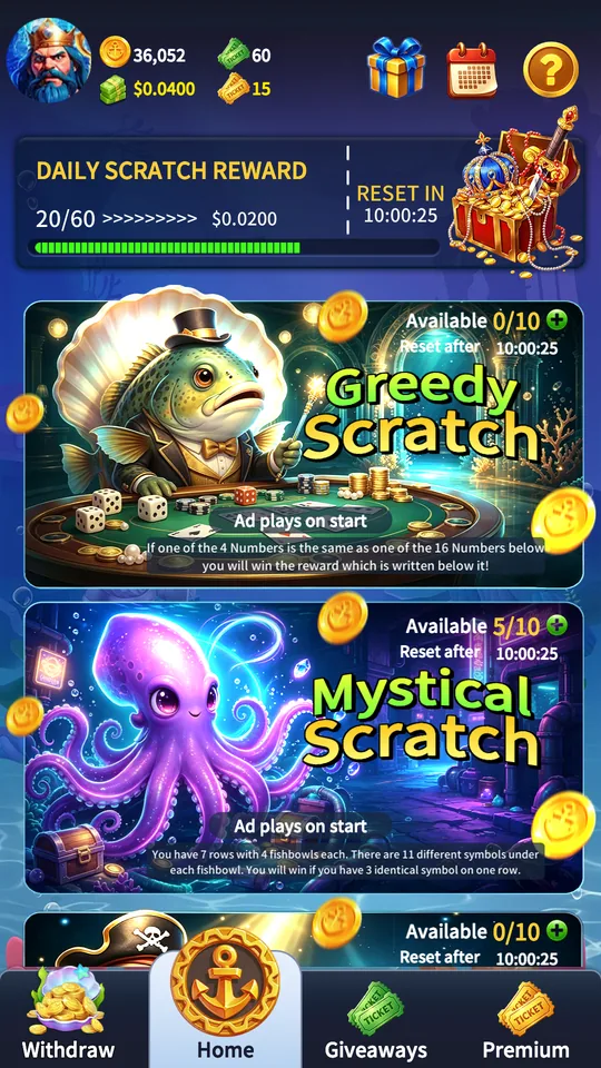 Scratch card selection screen